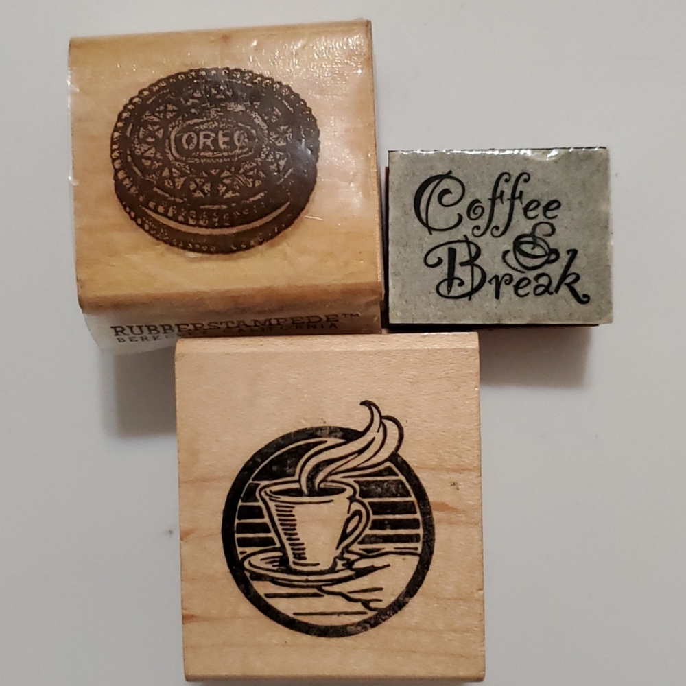 3 rubber stamps Oreo cookies 'coffee break' words steaming mug Rubber Stampede